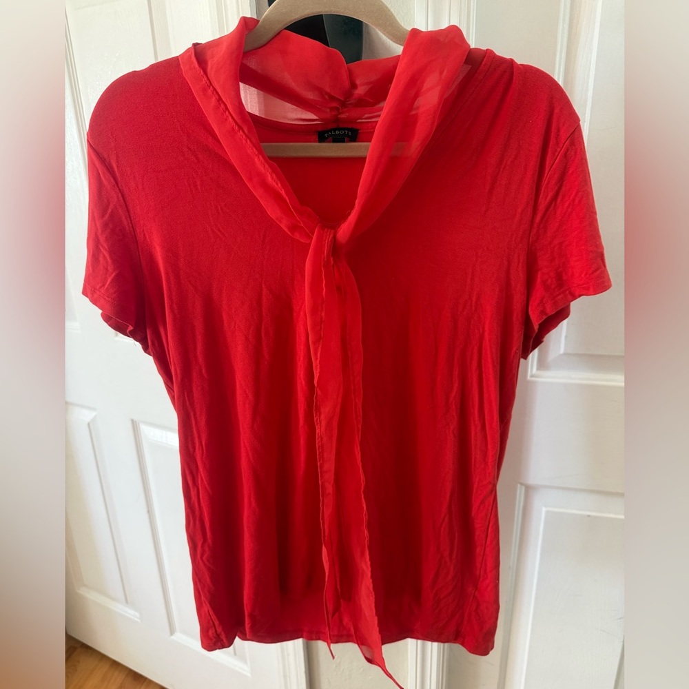 Talbots Red Short-Sleeve Tie-Neck Top